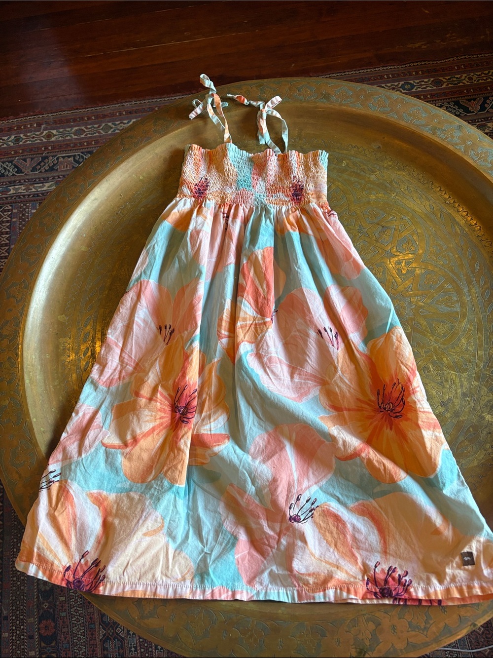 Tea Collection Peach and Aqua Floral Sundress with Smocked Bodice